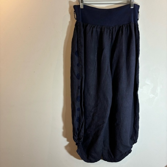 AMO Sz L-XL 100% Linen Harem Gathered Hem Polka Dots Soft Waist Slinky Pants - Picture 7 of 9